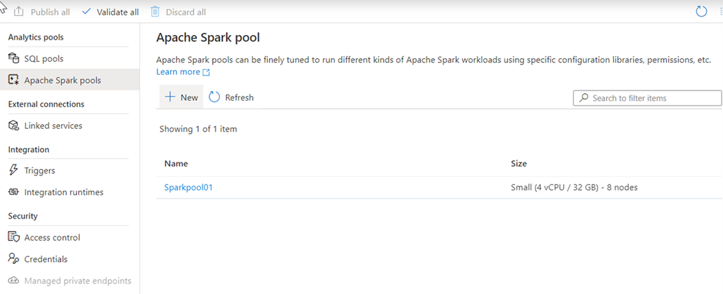Viewing a Spark pool in the Apache Spark Pool screen in Azure Synapse Studio