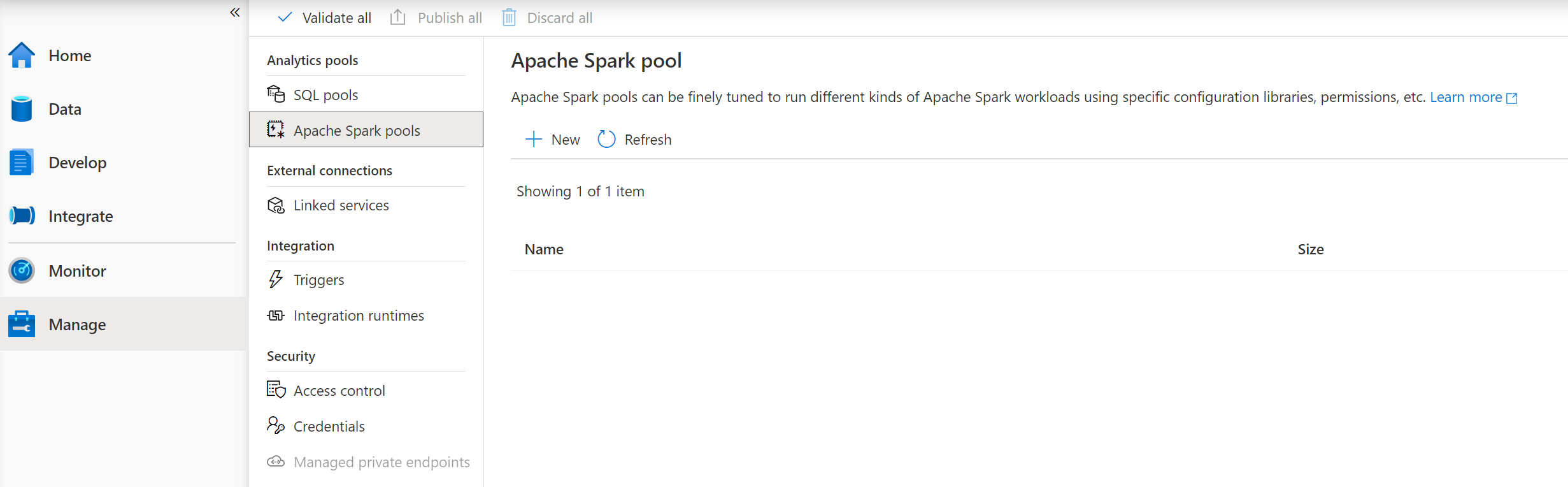 The Apache Spark Pool screen in Azure Synapse Studio