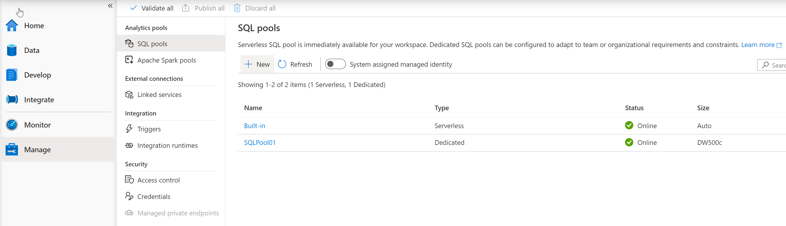 The SQL Pool in Azure Synapse Studio