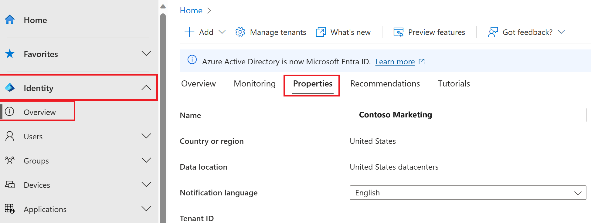 Screenshot of the Microsoft Entra ID Properties with the Country or region settings highlighted.