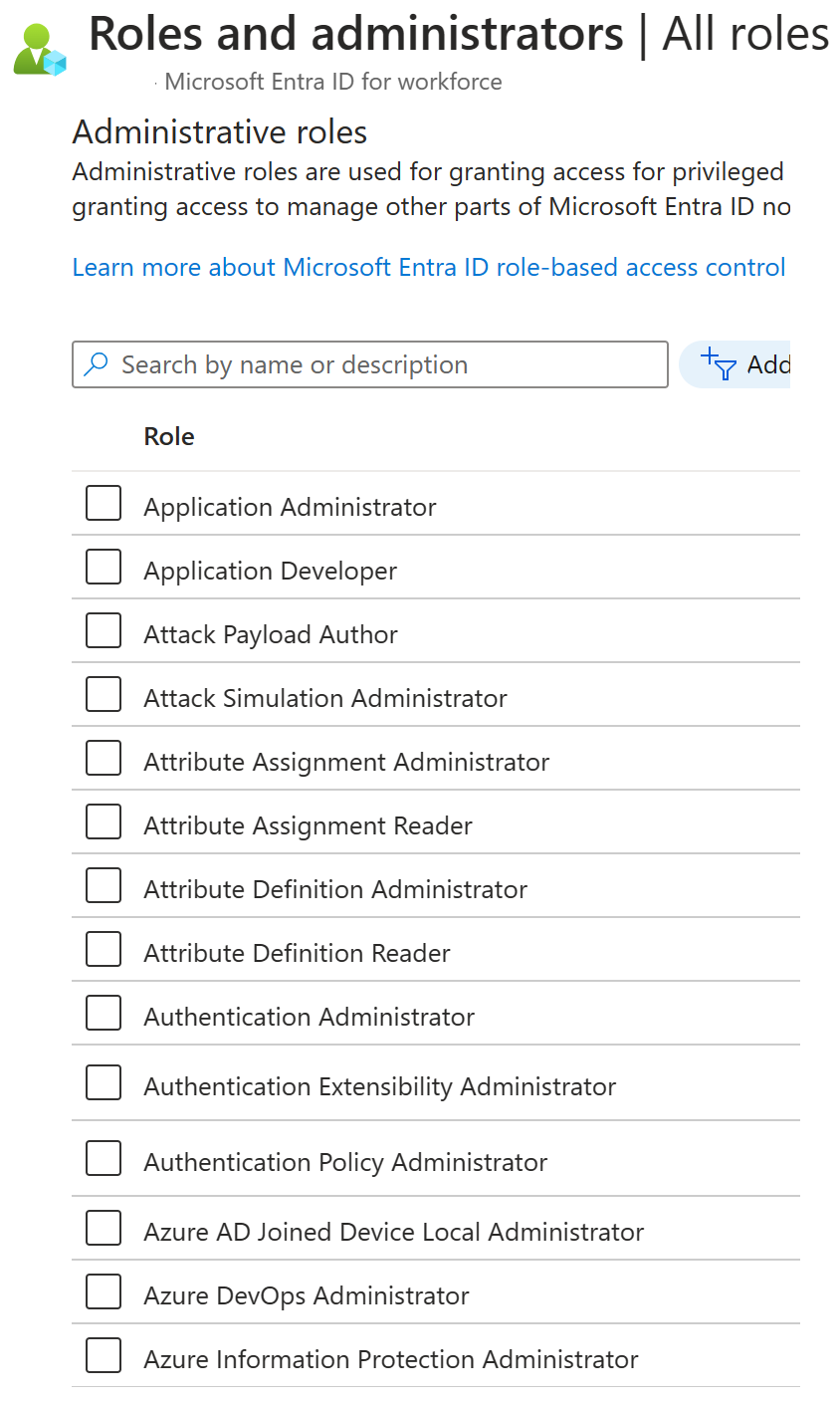 Screenshot of the Roles and administrators screen in Azure A D. List of roles that can be applied.