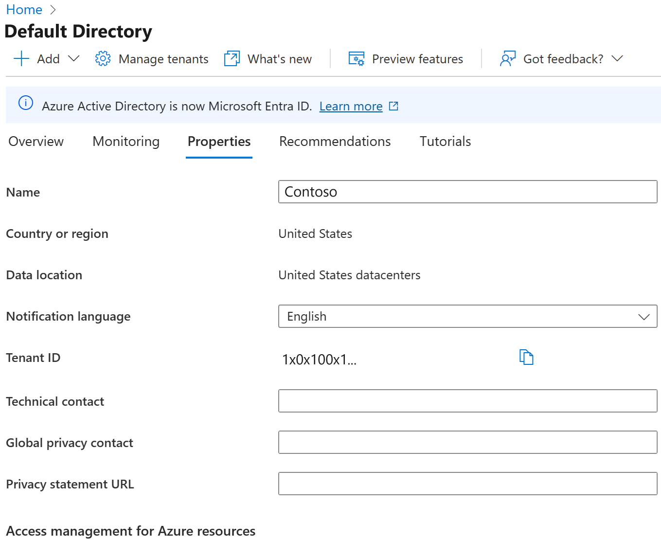 Screenshot of the tenant properties with the Technical contact, Global contact, and Privacy statement boxes highlighted.