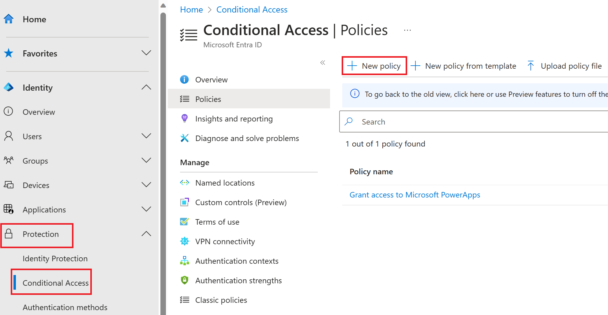 Screenshot of the Conditional Access blade with New policy highlighted.