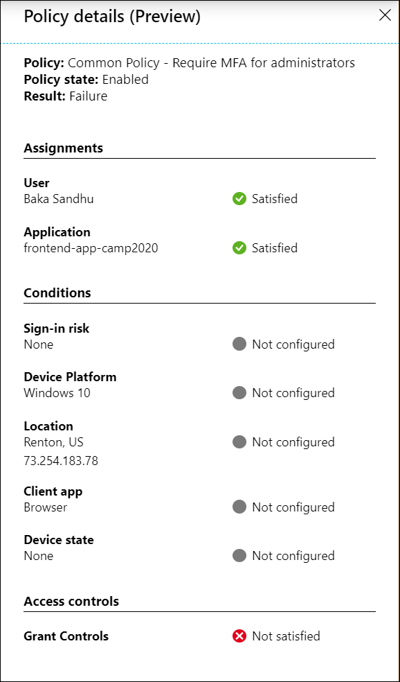 Microsoft Entra koşullu erişiminde İlke ayrıntıları (önizleme) ekranının ekran görüntüsü.