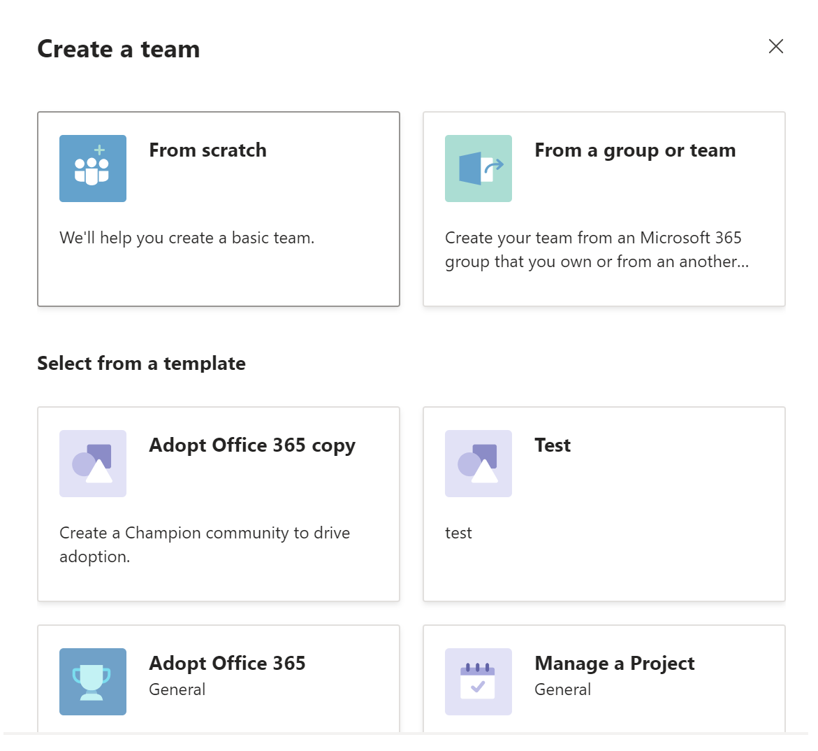 Screenshot of creating a team from Teams Client.