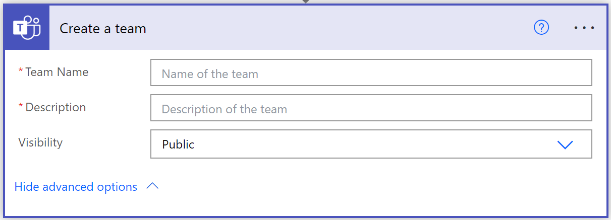 Screenshot of create a team action in power automate.