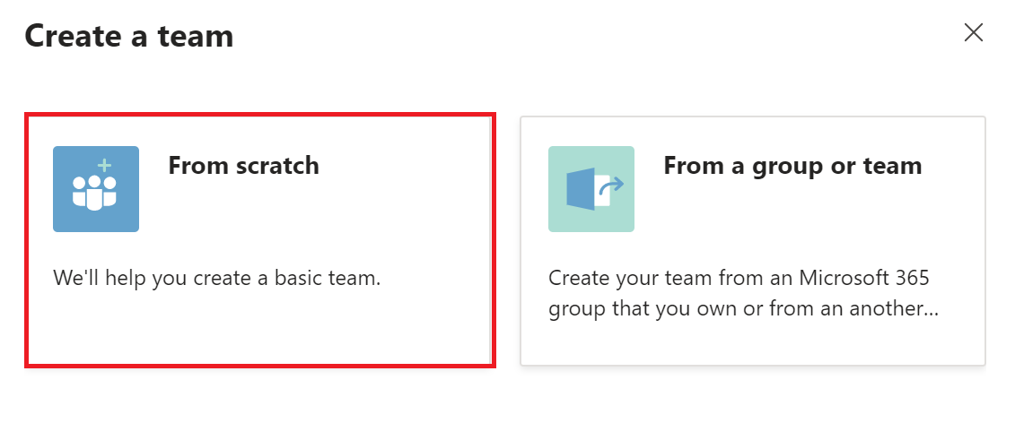 Screenshot of creating a team from scratch.