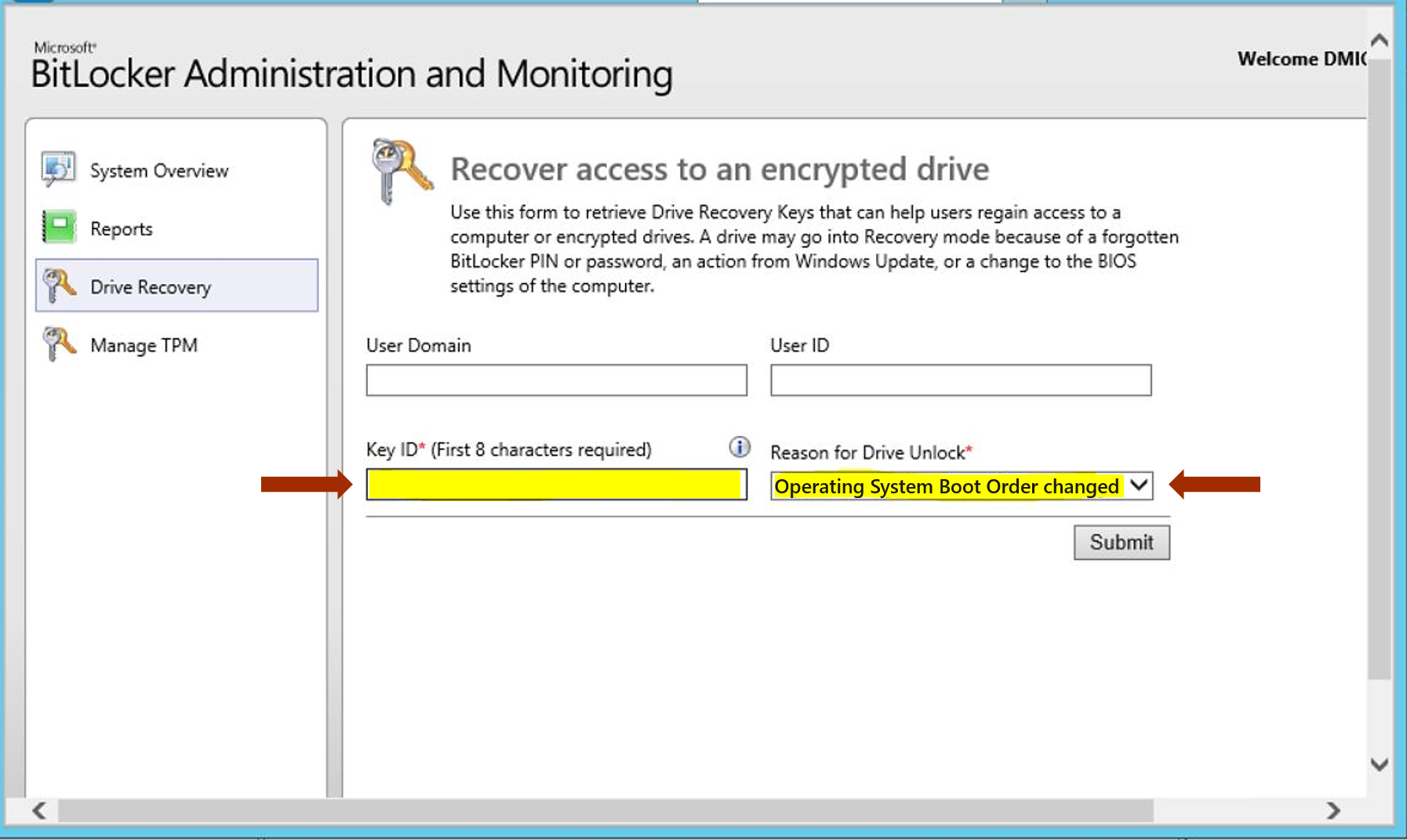 Screenshot of Microsoft MBAM prompting for the KeyID and reason for recovering access to an encrypted drive.
