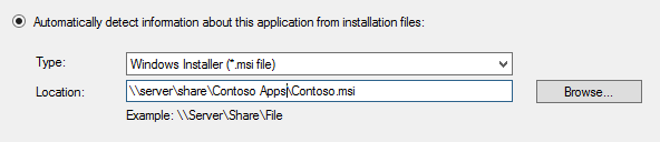 Screenshot of dialog prompting for the type and path to the application install files.