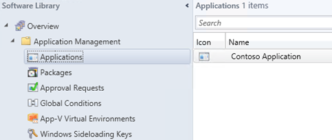 Screenshot of Application Management folder, with the sample Contoso application listed in the Applications group.