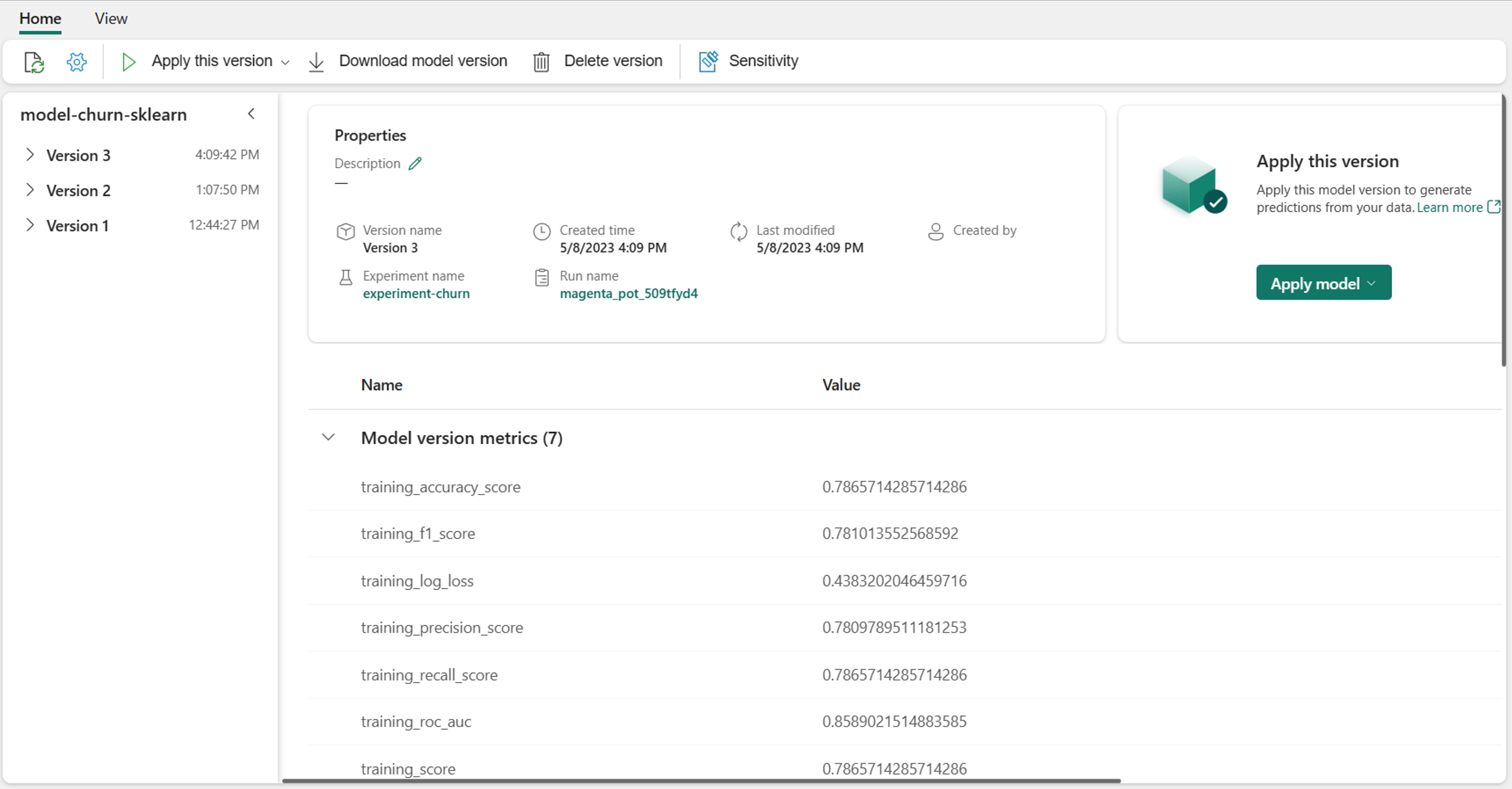 Microsoft Fabric'te modele genel bakış ekran görüntüsü.