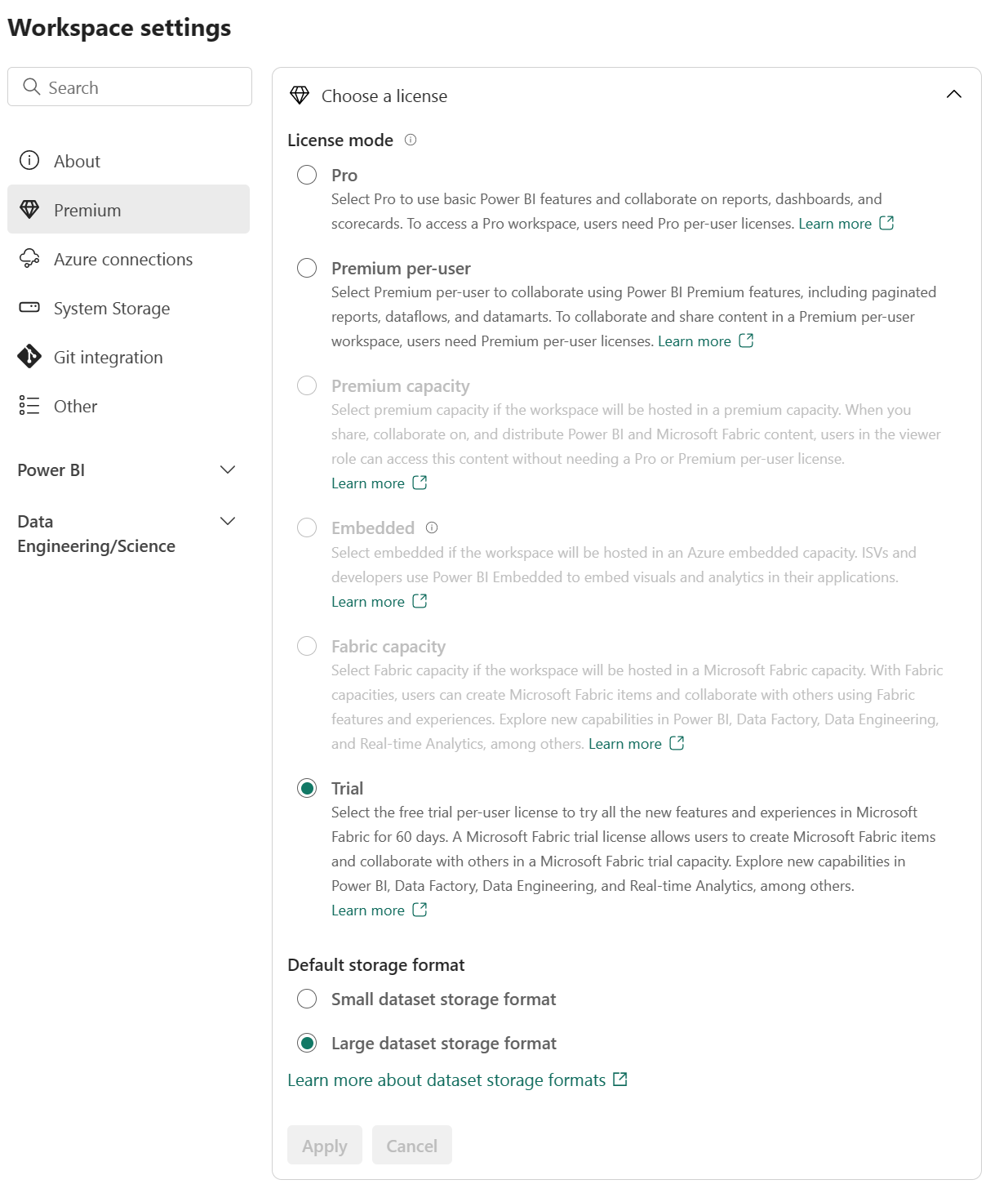 Screenshot of the Power BI workspace settings.