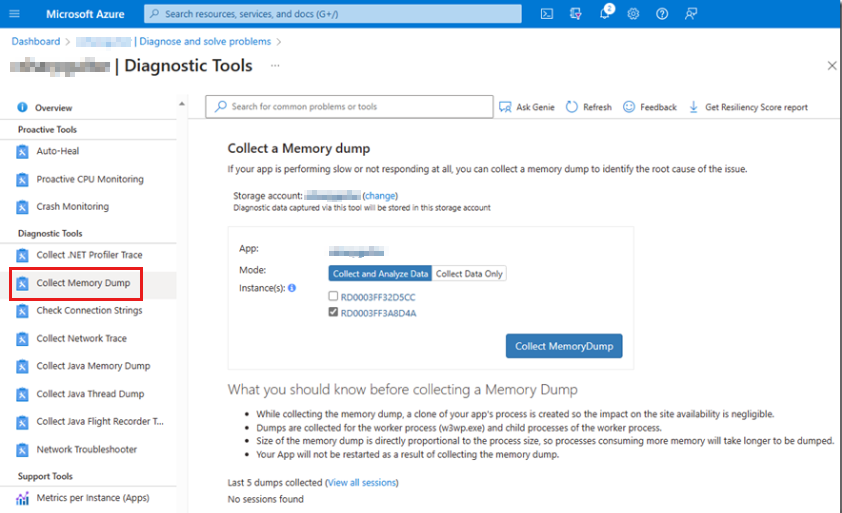 Tanılama Araçları'ndaki 'Bellek dökümü topla' sayfasının ekran görüntüsünü Azure portal.