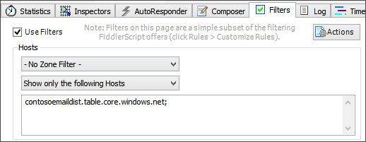 Yalnızca contosoemaildist.table.core.windows.net depolama uç noktasına gönderilen trafiği yakalayan bir filtreyi gösteren ekran görüntüsü.