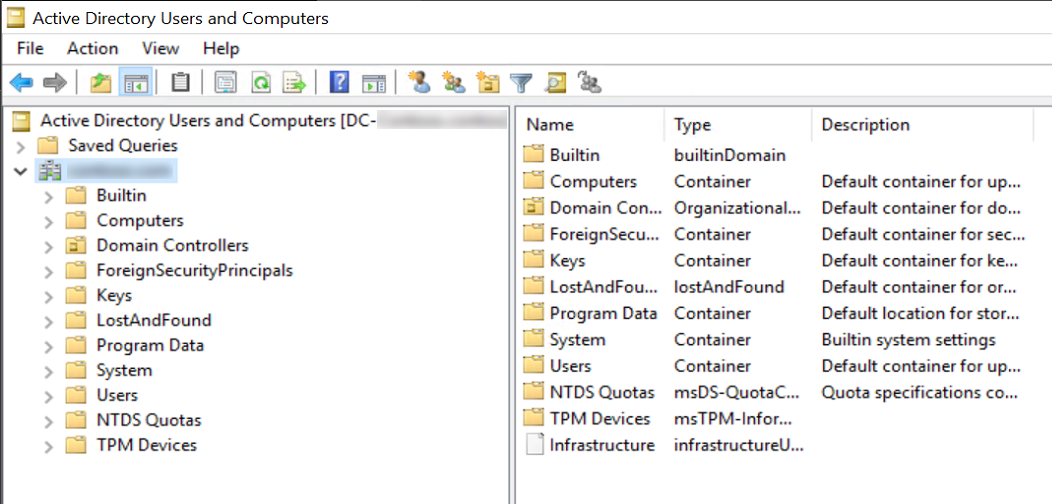 Active Directory Kullanıcıları ve Bilgisayarları penceresinin ekran görüntüsü.