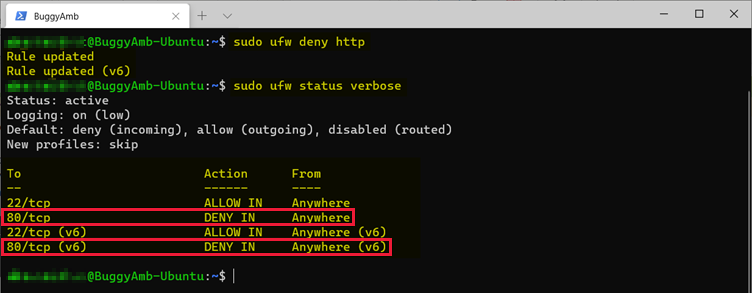 sudo ufw deny http komutunun ekran görüntüsü.