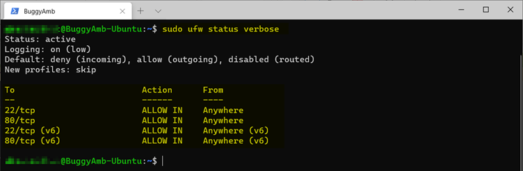 sudo ufw status komutunun ekran görüntüsü.