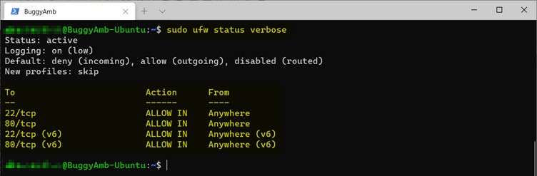 sudo ufw status verbose komutunun ekran görüntüsü.
