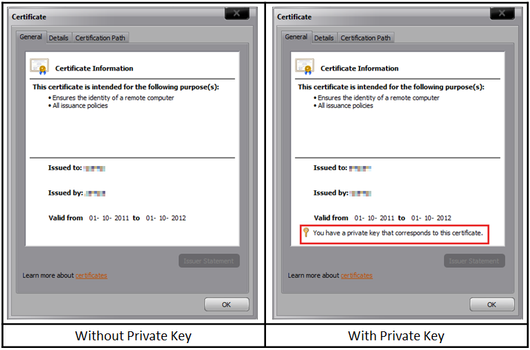 Sertifika iletişim kutusunun iki ekran görüntüsü. Birinin özel anahtarı yoktur. Diğeri, özel anahtarın sertifikaya karşılık geldiğini belirten bir ileti gösterir.