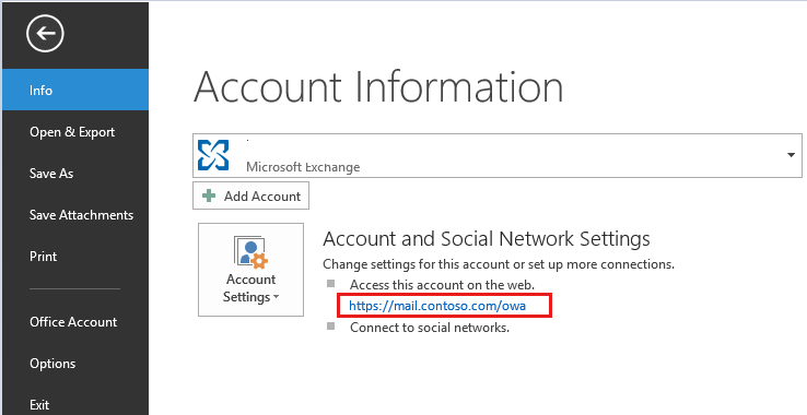Outlook'ta URL'yi bulabileceğiniz Bilgi sayfasının ekran görüntüsü. Bu örnekte, https://mail.contoso.com/owa.