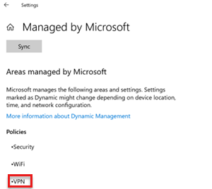 Microsoft tarafından yönetilen alanlar altındaki VPN'yi gösteren ekran görüntüsü.