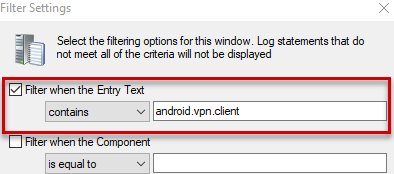 Günlükleri okumak ve android.vpn.client araması yapmak için CMTrace kullanan bir örneği gösteren ekran görüntüsü.
