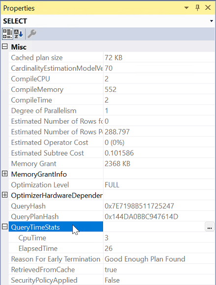 QueryTimeStats özelliği genişletilmiş SQL Server yürütme planı özellikleri penceresinin ekran görüntüsü.