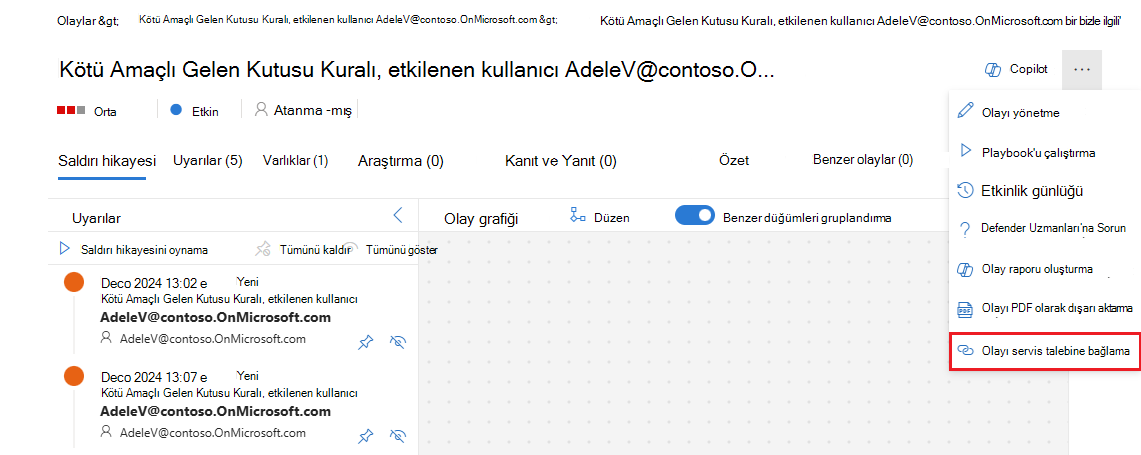Olay görünümünde, üç nokta menüsündeki olayı bağlama seçeneğini gösteren ekran görüntüsü.