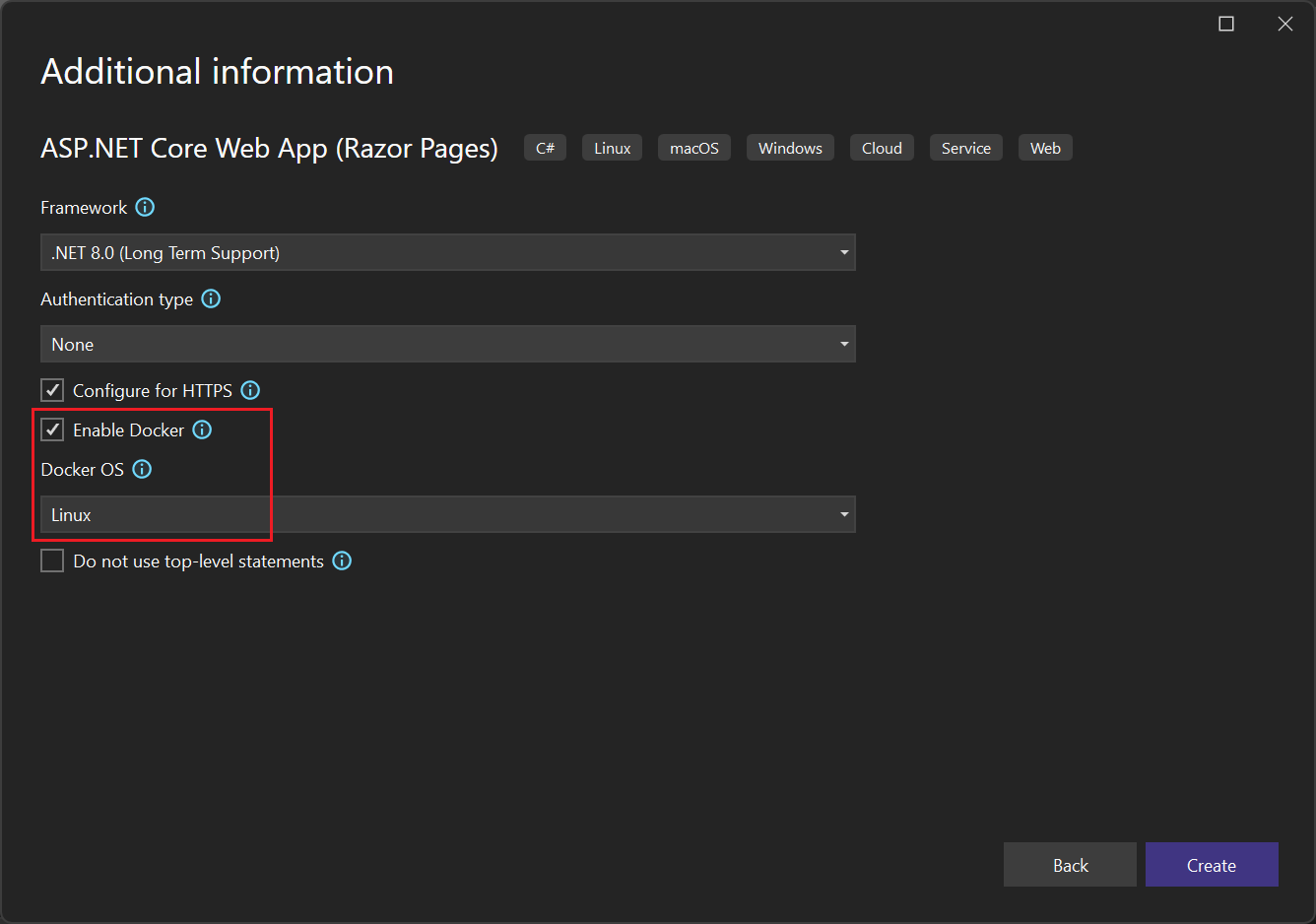 Web projesi oluşturma - Ek bilgi ekranı