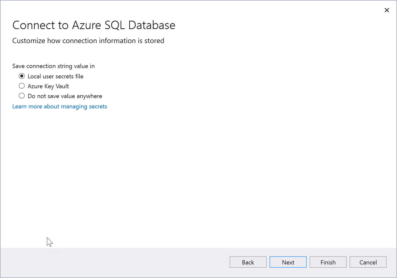 Azure SQL Veritabanı bağlantı dizesinin depolandığı yeri gösteren ekran görüntüsü.