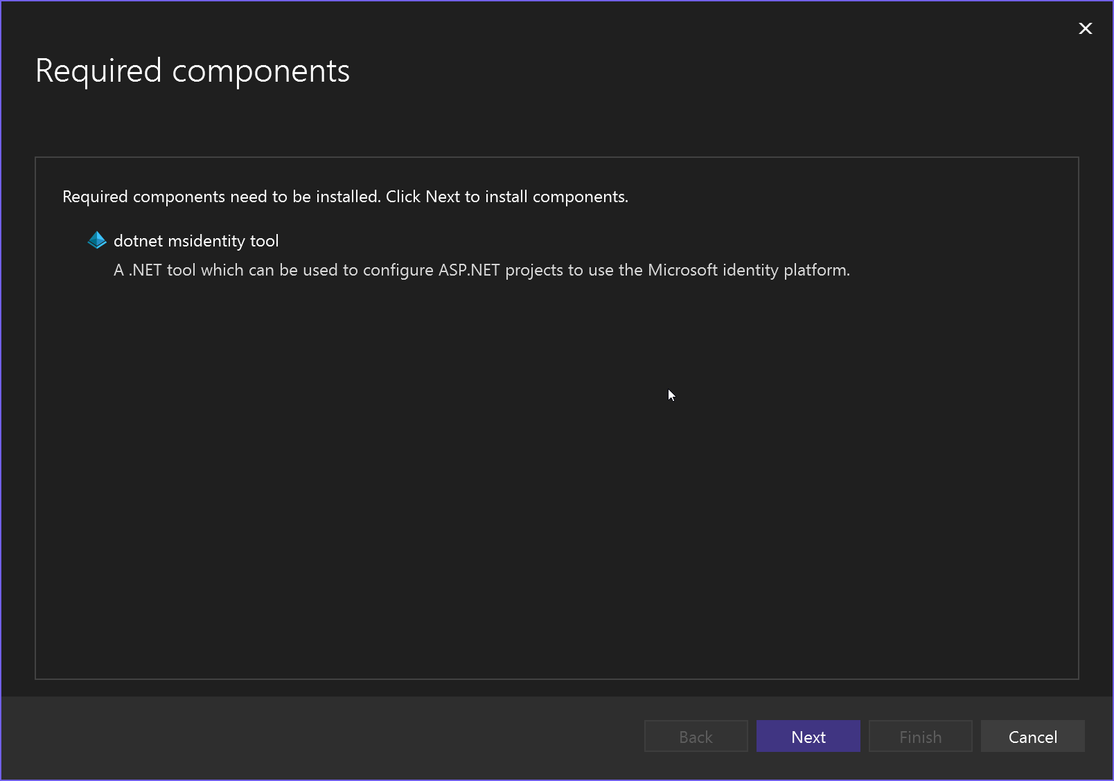 Screenshot of required components window.