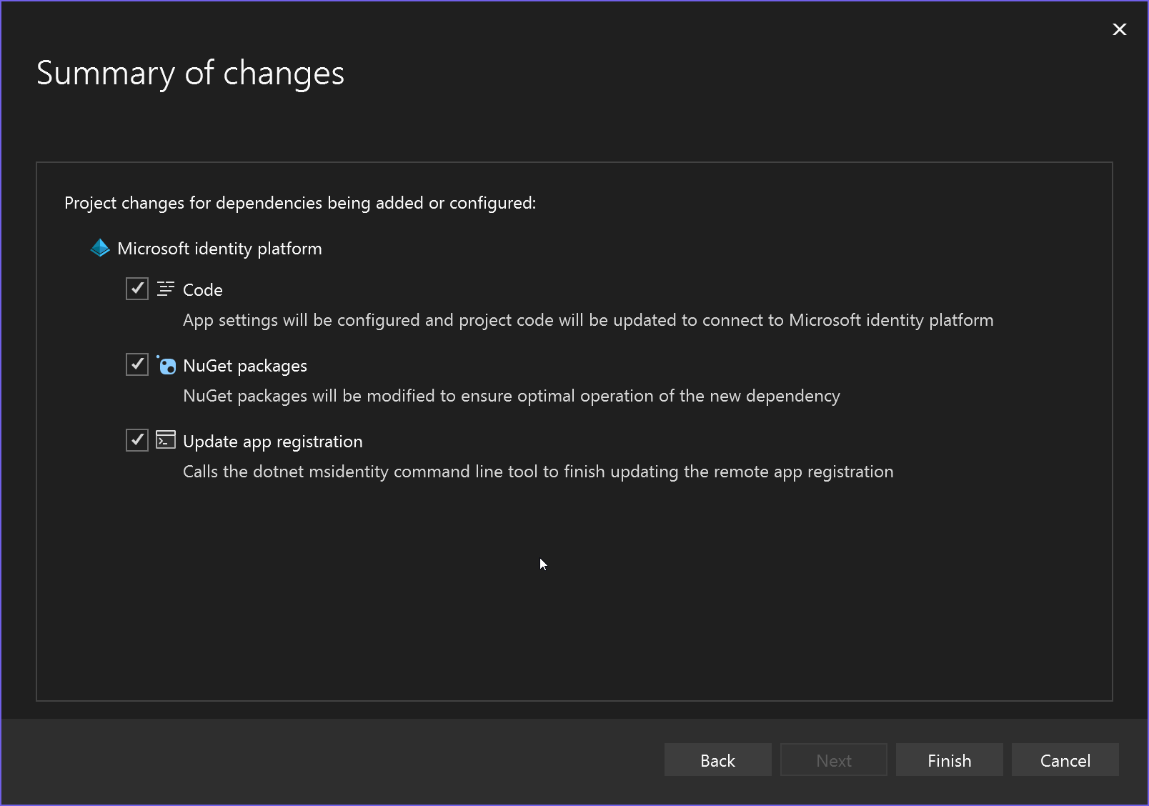 Screenshot showing Summary of changes screen.