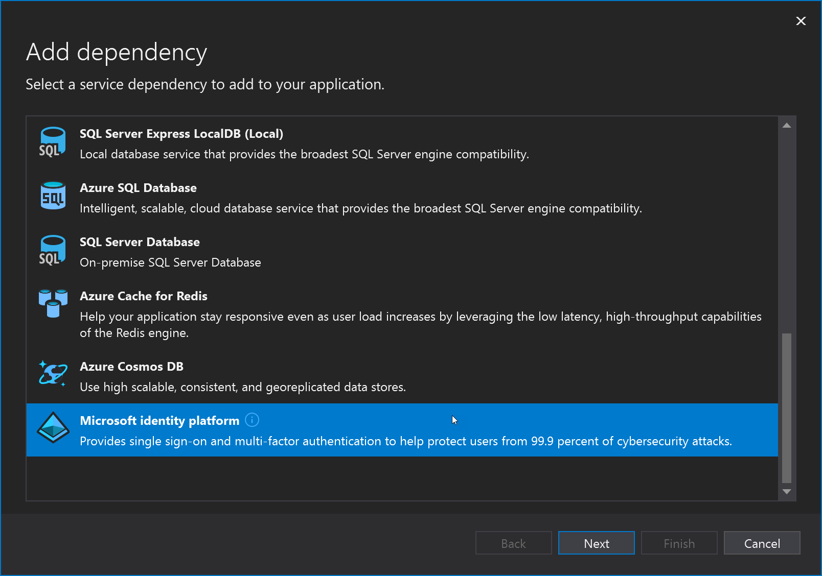 Screenshot showing the Microsoft Identity platform option.
