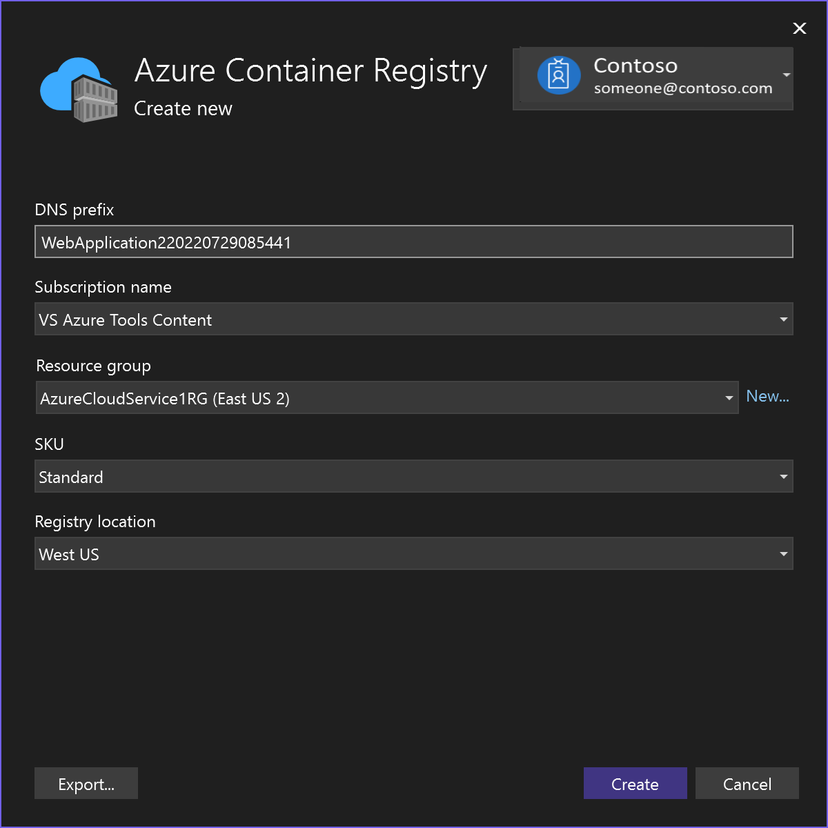 Azure Container Registry seçeneklerini gösteren ekran görüntüsü.