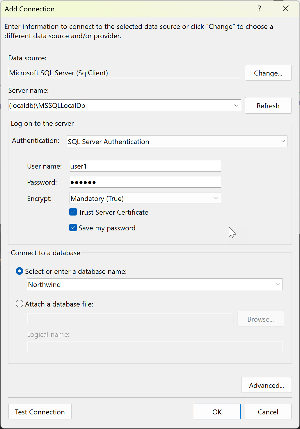 Veritabanına Bağlan veya MDF dosyasını açma (ADO.NET) - Visual Studio  (Windows) | Microsoft Learn