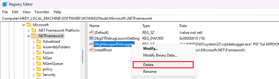 JIT kayıt defteri anahtarı