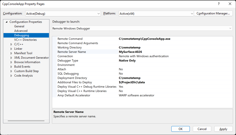 Visual Studio Çözüm Gezgini Özellikleri'ndeki Hata Ayıklama sekmesinin ekran görüntüsü. Başlatacak Hata Ayıklayıcı özelliği Uzak Windows Hata Ayıklayıcısı olarak ayarlanır.