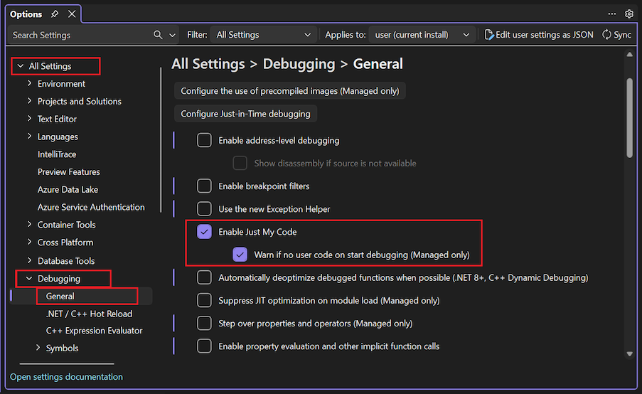 Visual Studio'da Yalnızca Kodumu Etkinleştir seçeneğinin nasıl seçildiğini gösteren ekran görüntüsü.