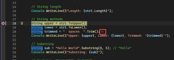 Visual Studio Hata Ayıklayıcısı'nın, bir fonksiyon çağrısının hemen sağında beliren Tıkla ve Çalıştır düğmesini gösteren ekran görüntüsü