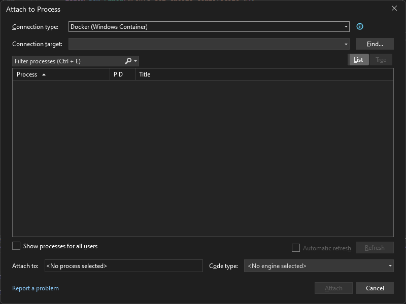 Visual Studio'da Docker Bağlantı türünü (Windows Kapsayıcısı) gösteren İşleme Ekle iletişim kutusunun ekran görüntüsü.