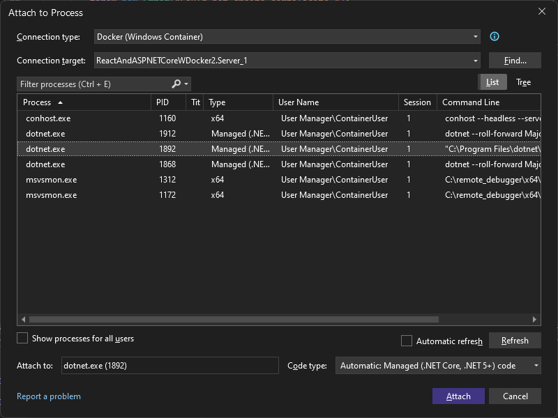 Visual Studio'da İşleme Ekle iletişim kutusunun ekran görüntüsü. Bağlantı türü Docker (Windows Kapsayıcısı) olarak ayarlanır ve dotnet.exe işlemi seçilir.