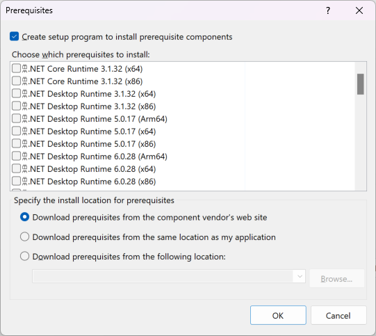 Visual Studio'da Önkoşullar iletişim kutusunun ekran görüntüsü.