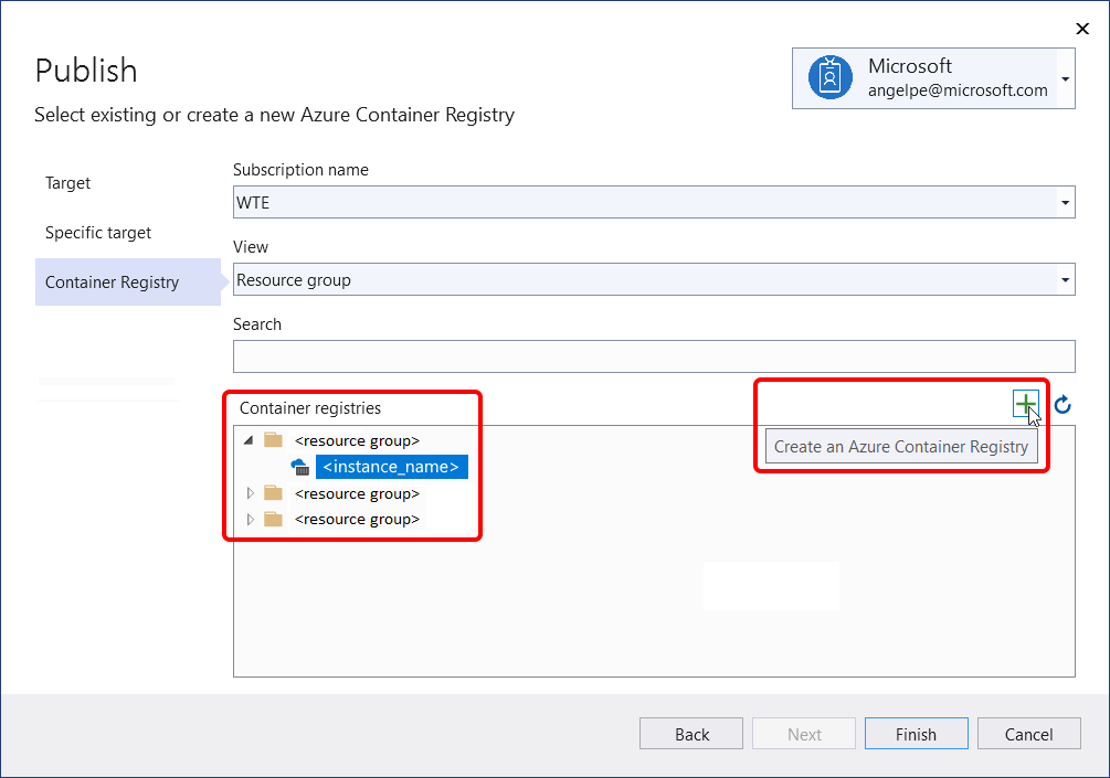 Azure Container Registry'de yayımlama seçeneğini gösteren ekran görüntüsü.