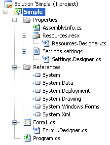 Visual Studio Çözüm Gezgini'ndeki 'Basit' Çözüm için Windows uygulama klasör yapısının ekran görüntüsü.