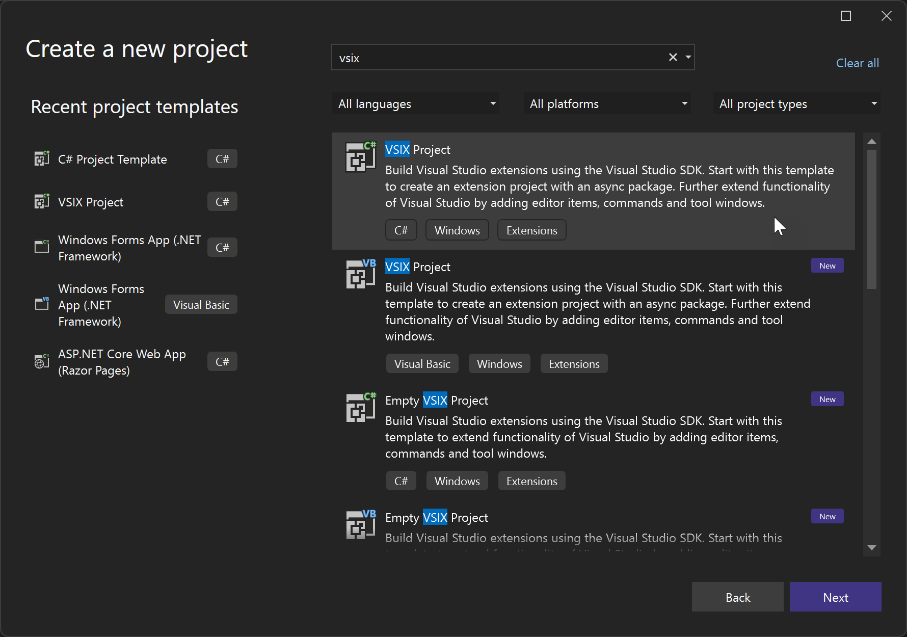 VSIX projesi oluşturmayı gösteren ekran görüntüsü.