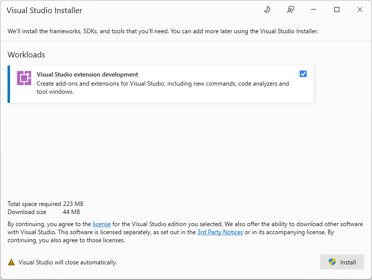 Uzantı geliştirme iş yükünü yüklemek için Visual Studio iletişim kutusunu gösteren ekran görüntüsü.