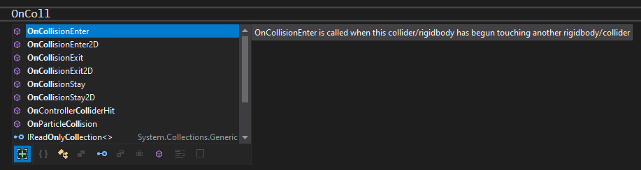 OnCollisionEnter'ı gösteren IntelliSense iletişim kutusunun ekran görüntüsü.