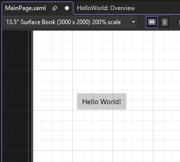 XAML Tasarımcısı tuvalinde Düğme denetimini gösteren ekran görüntüsü ve düğmenin etiketi Hello World olarak değiştirildi!