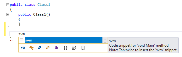 Visual Studio'da kod parçacığı için IntelliSense açılır penceresinin ekran görüntüsü.