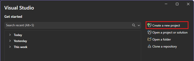 Visual Studio başlangıç penceresinde yeni proje oluştur seçeneğinin ekran görüntüsü.